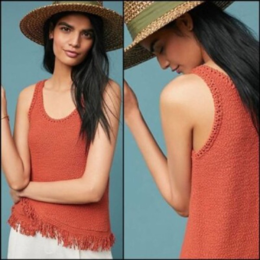 Anthropologie Akemi + Kin Boho Fringed Knit Sweater Tank Rust Orange